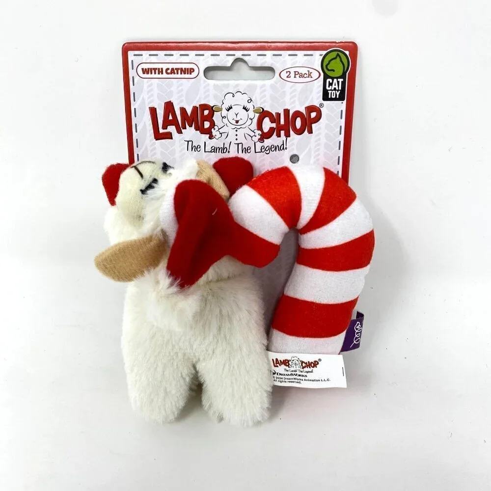 Multipet Lamb Chop Santa Hat Crinkle Candy Cane Catnip Plush Cat Toy 2pk